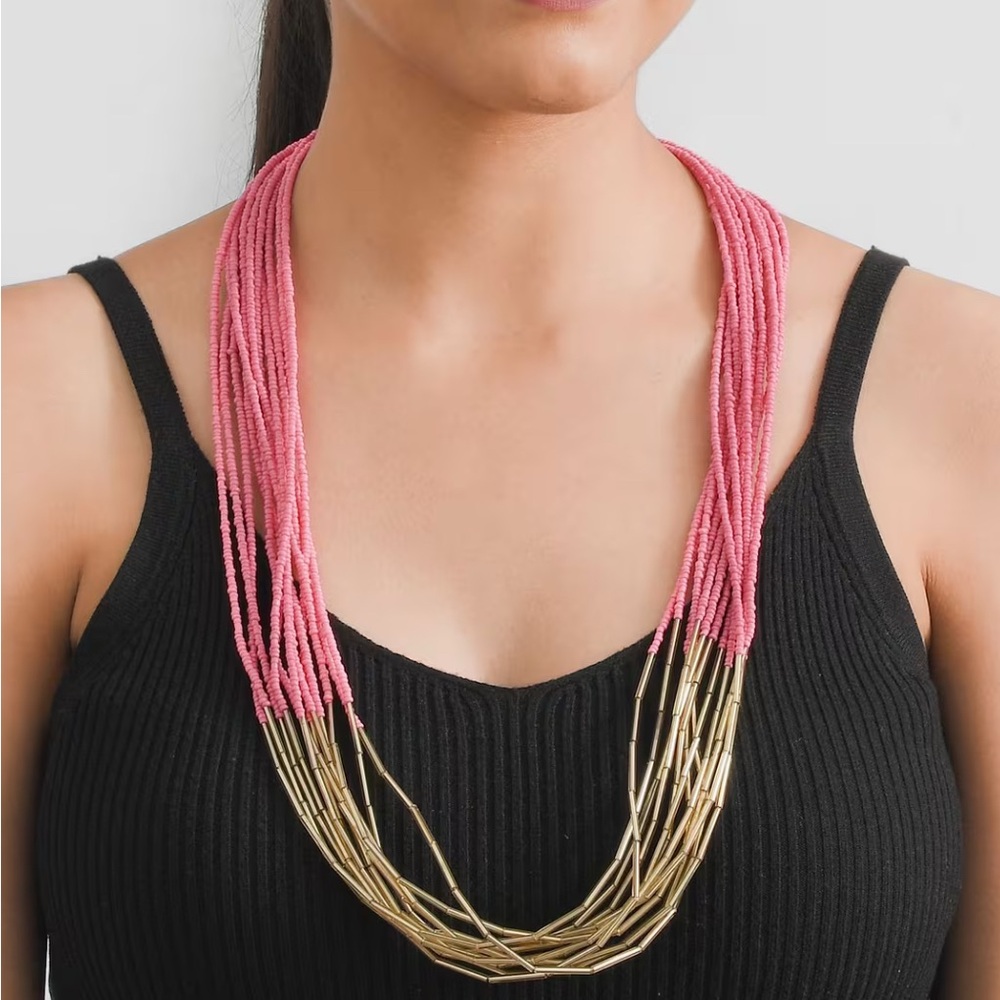 Fuchsia Pink Multi layered Glass Seed Beads Necklace in Goldtone
